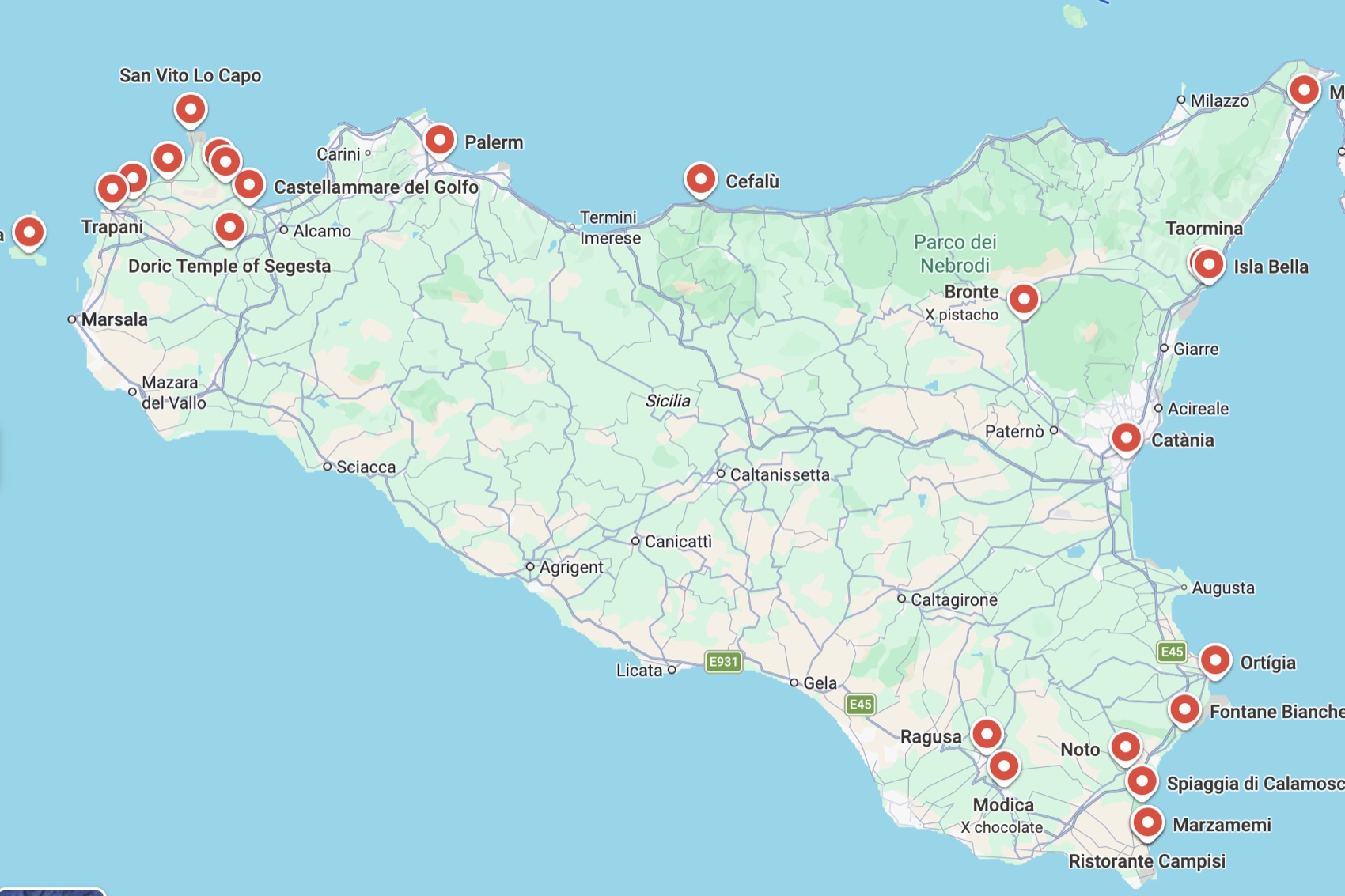 Mapa dels punts recomanats de Sicília