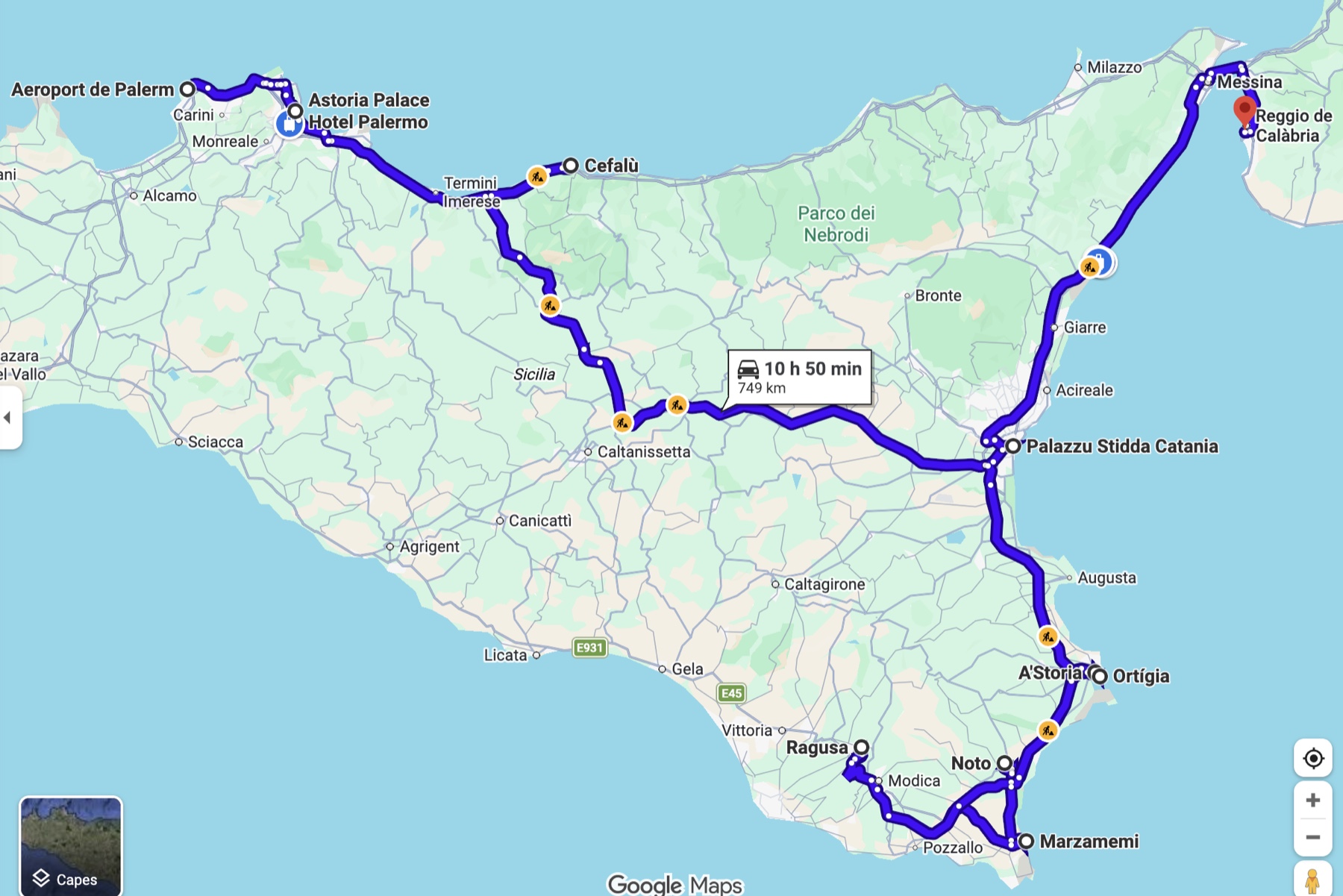 Ruta de cotxe proposada per Sicília (aprox.)